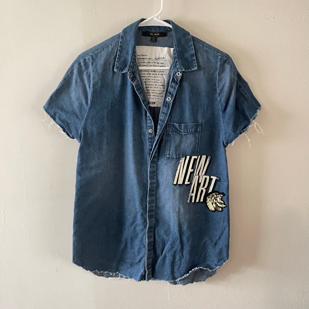 Zara | Womens XS Kamila Denim Shirt Blue Art Wear Indie Grunge Casual